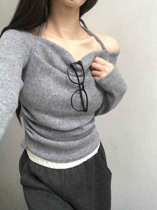 String Halter Square Neck Slim Fleece-Lined Long Sleeve T-shirt