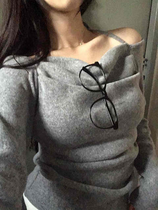 String Halter Square Neck Slim Fleece-Lined Long Sleeve T-shirt