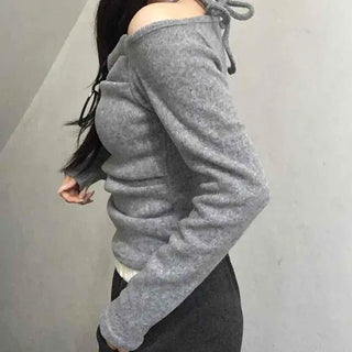 String Halter Square Neck Slim Fleece-Lined Long Sleeve T-shirt