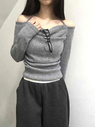 String Halter Square Neck Slim Fleece-Lined Long Sleeve T-shirt