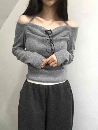 String Halter Square Neck Slim Fleece-Lined Long Sleeve T-shirt