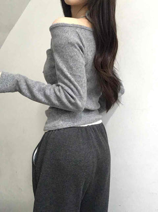 String Halter Square Neck Slim Fleece-Lined Long Sleeve T-shirt