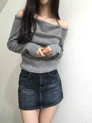 String Halter Square Neck Slim Fleece-Lined Long Sleeve T-shirt