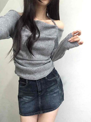 String Halter Square Neck Slim Fleece-Lined Long Sleeve T-shirt