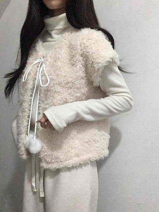 Soft Fur Pom-pom Tie Short Sleeve Vest