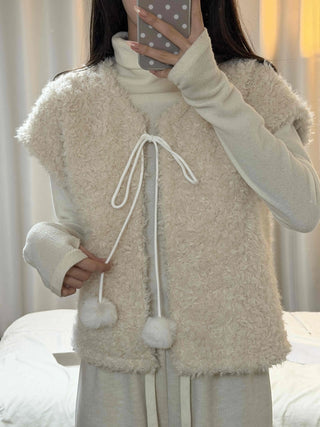 Soft Fur Pom-pom Tie Short Sleeve Vest