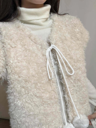 Soft Fur Pom-pom Tie Short Sleeve Vest