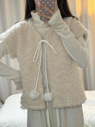 Soft Fur Pom-pom Tie Short Sleeve Vest