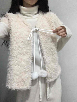 Soft Fur Pom-pom Tie Short Sleeve Vest