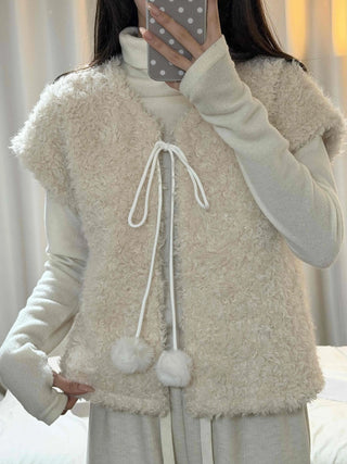 Soft Fur Pom-pom Tie Short Sleeve Vest
