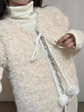 Soft Fur Pom-pom Tie Short Sleeve Vest