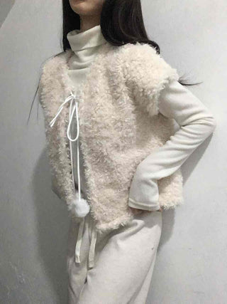 Soft Fur Pom-pom Tie Short Sleeve Vest