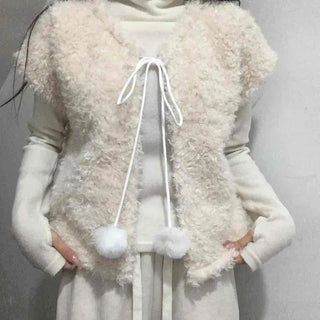 Soft Fur Pom-pom Tie Short Sleeve Vest