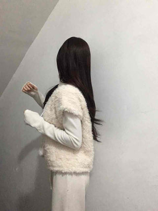 Soft Fur Pom-pom Tie Short Sleeve Vest