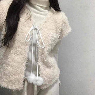Soft Fur Pom-pom Tie Short Sleeve Vest