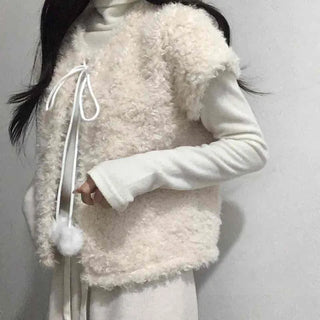 Soft Fur Pom-pom Tie Short Sleeve Vest