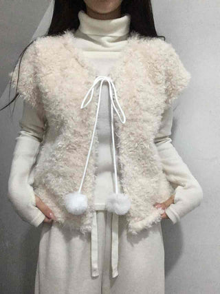 Soft Fur Pom-pom Tie Short Sleeve Vest