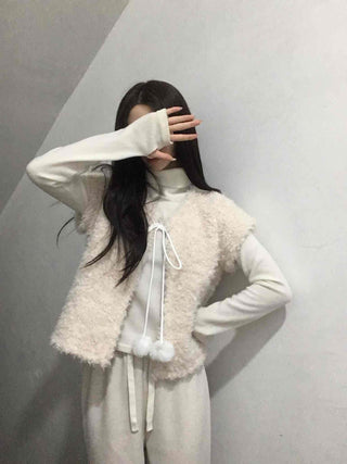 Soft Fur Pom-pom Tie Short Sleeve Vest