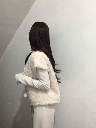 Soft Fur Pom-pom Tie Short Sleeve Vest