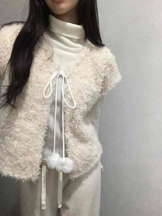 Soft Fur Pom-pom Tie Short Sleeve Vest