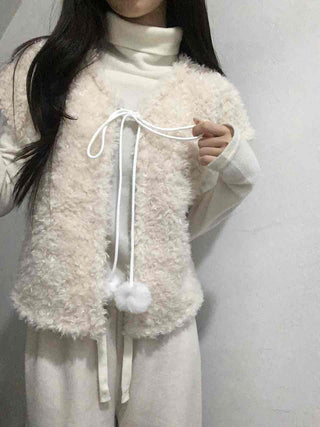 Soft Fur Pom-pom Tie Short Sleeve Vest