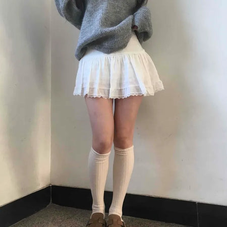 Lace Frill Shirred Flare Mini Skirt