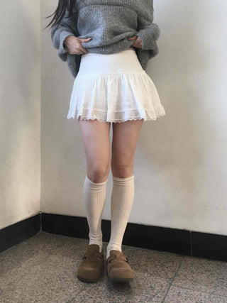 Lace Frill Shirred Flare Mini Skirt