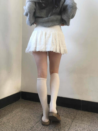 Lace Frill Shirred Flare Mini Skirt