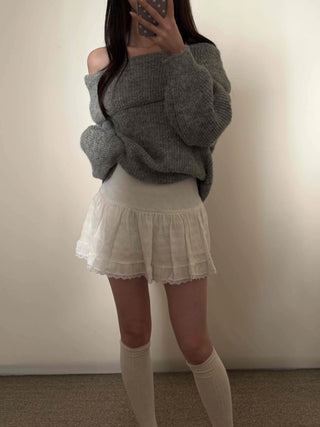 Lace Frill Shirred Flare Mini Skirt