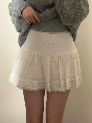 Lace Frill Shirred Flare Mini Skirt