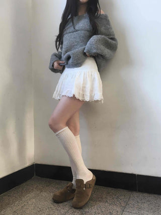Lace Frill Shirred Flare Mini Skirt