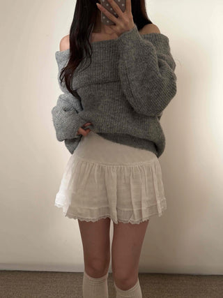 Lace Frill Shirred Flare Mini Skirt