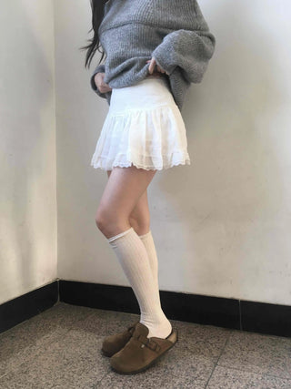 Lace Frill Shirred Flare Mini Skirt