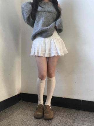 Lace Frill Shirred Flare Mini Skirt