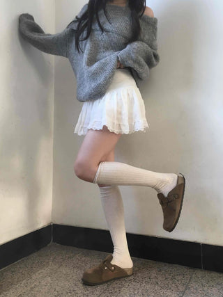 Lace Frill Shirred Flare Mini Skirt