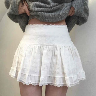 Lace Frill Shirred Flare Mini Skirt