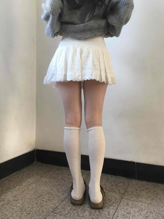Lace Frill Shirred Flare Mini Skirt