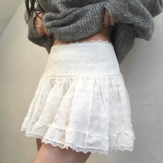 Lace Frill Shirred Flare Mini Skirt