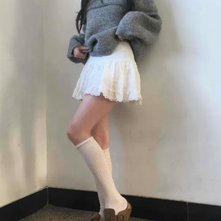 Lace Frill Shirred Flare Mini Skirt