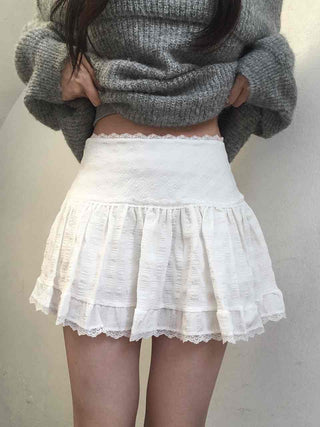 Lace Frill Shirred Flare Mini Skirt