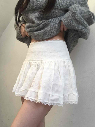 Lace Frill Shirred Flare Mini Skirt