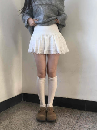 Lace Frill Shirred Flare Mini Skirt