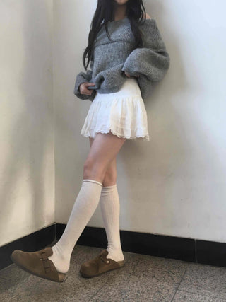 Lace Frill Shirred Flare Mini Skirt