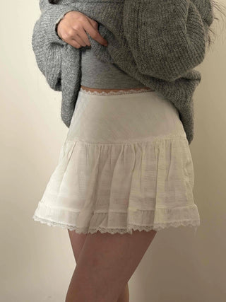 Lace Frill Shirred Flare Mini Skirt