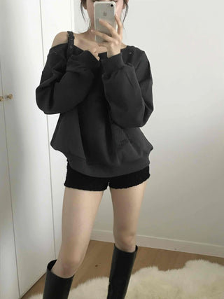 Punk Eyelet Boat Neck Balloon Sleeve Sweatshirt