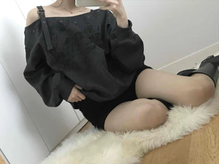 Punk Eyelet Boat Neck Balloon Sleeve Sweatshirt