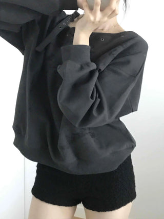 Punk Eyelet Boat Neck Balloon Sleeve Sweatshirt