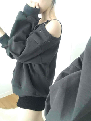 Punk Eyelet Boat Neck Balloon Sleeve Sweatshirt