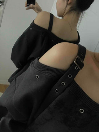 Punk Eyelet Boat Neck Balloon Sleeve Sweatshirt