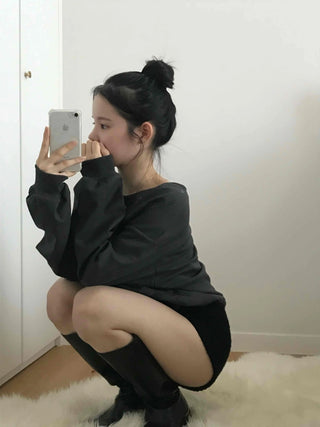Punk Eyelet Boat Neck Balloon Sleeve Sweatshirt